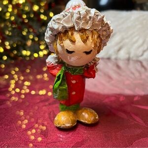 Paper Mache Christmas Caroler W/ Gift Behind Back Red Green 6” Tall Stands Up